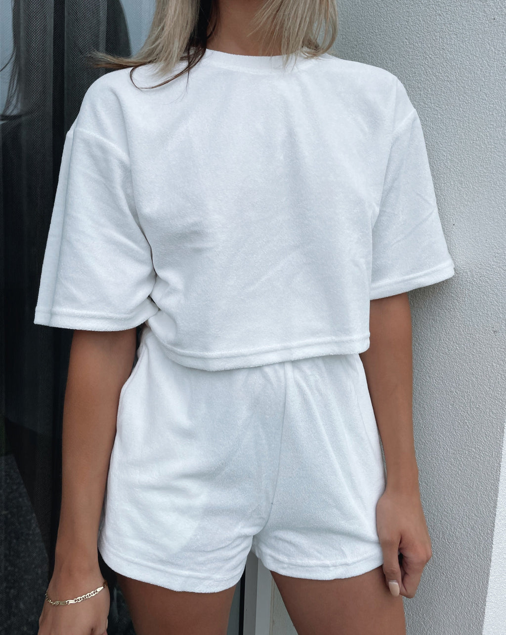 terry toweling set, white, two piece, summer outfit, resort, beach